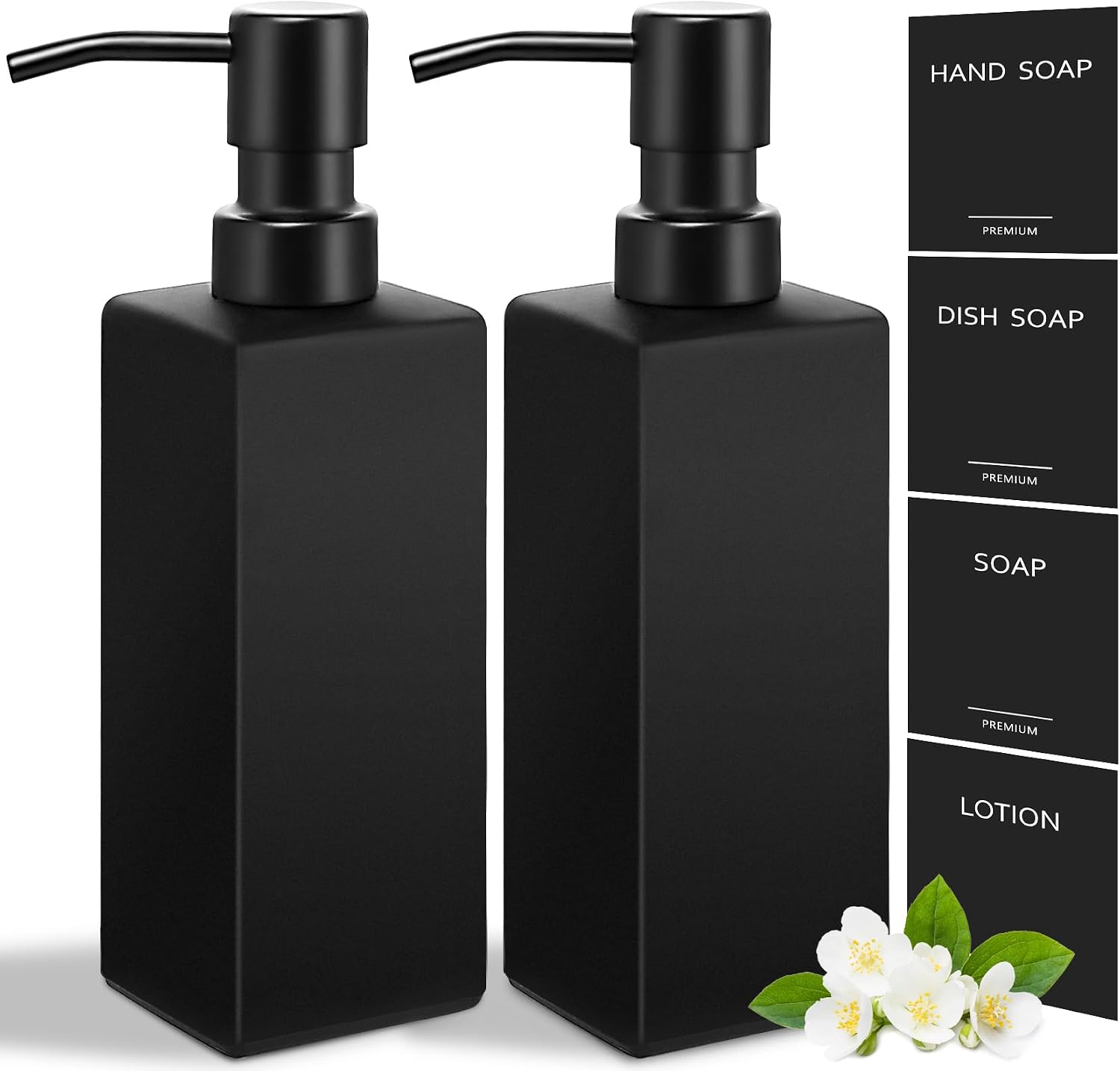 Aldernest Black Soap Dispenser, Hand Soap Dispenser Bathroom, Black Bottle + Black Pump, 2 Count