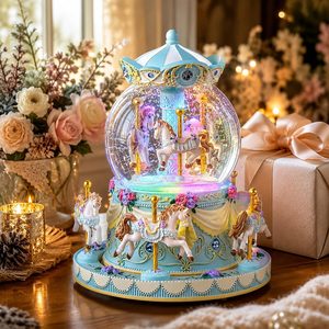 Ashenby Blue Carousel Snow Globe Music Box with LED Lights, 1.45 kg, Upgraded Blue Carousel - Play You Are My Sunshine