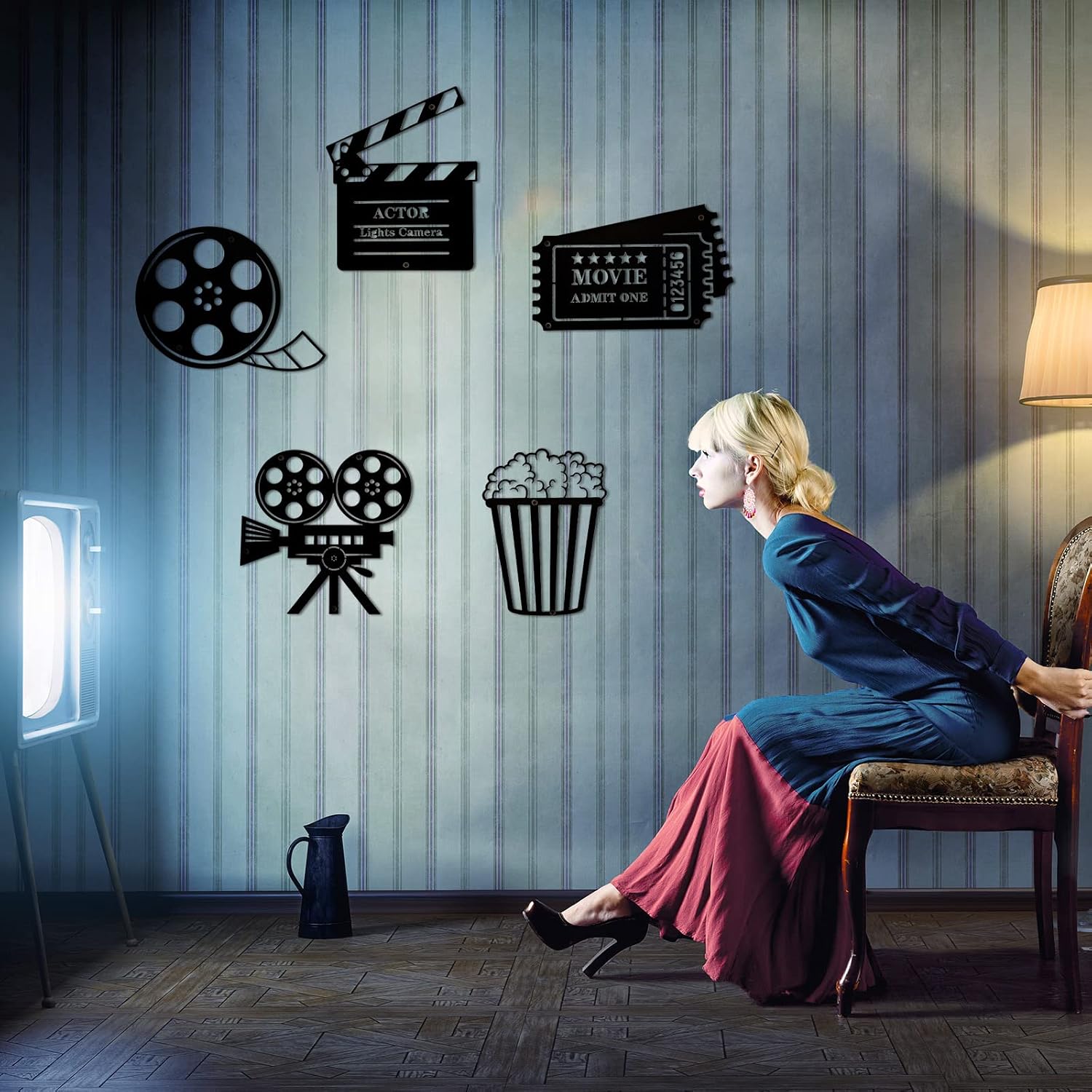 Birchmont 5 Pcs Movie Theater Decor Movie Theater Metal Home Room Decor Cinema and Popcorn Reel Wall Sign Art Cinema Film Wall Decoration for Home