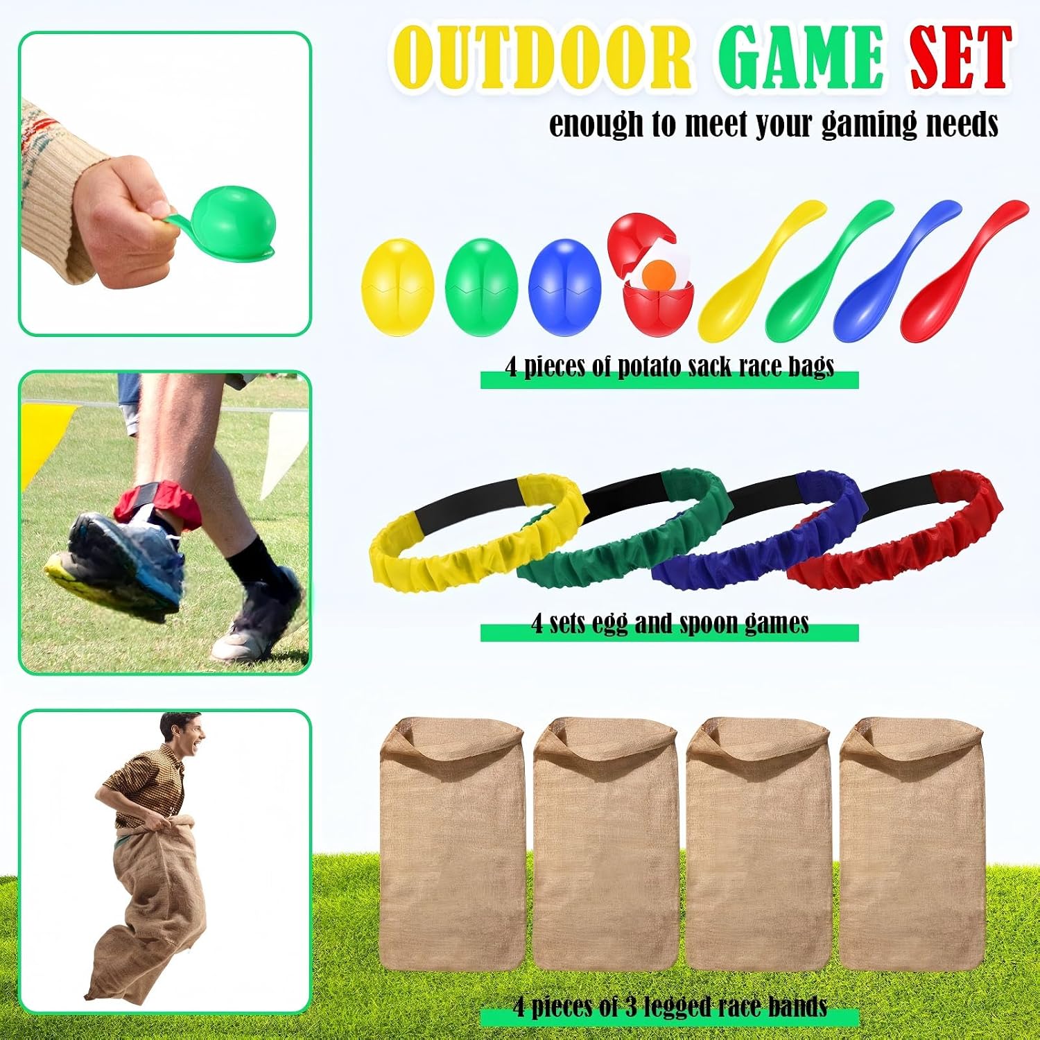 Barleyfield 12 Pcs Potato Sack Race Bags Set with Egg Spoon 3-Leg Relay Bands, 2.9 pounds, Medium, Small
