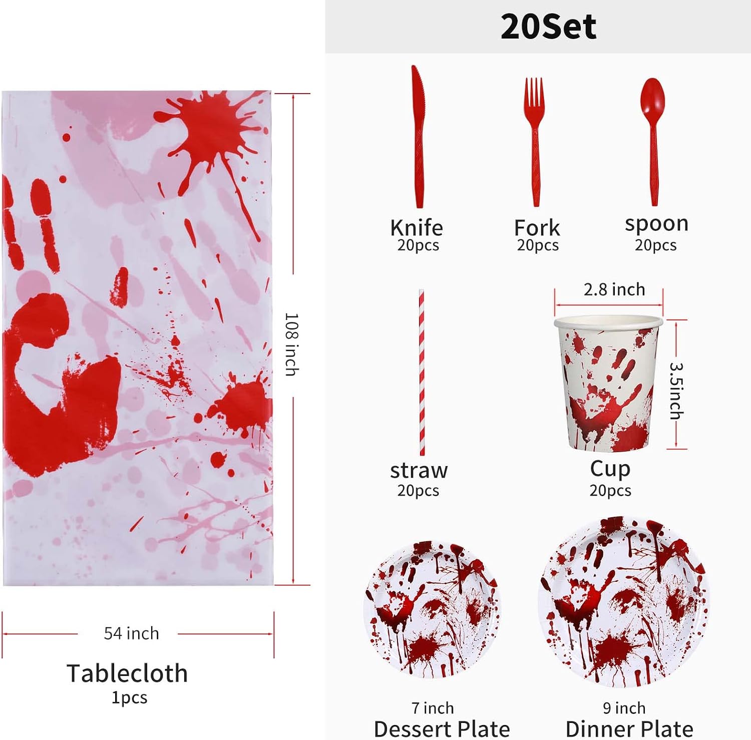 Tanglewick Halloween Party Supplies Dinnerware Decorations - Bloody Zombie Tablecloth, White