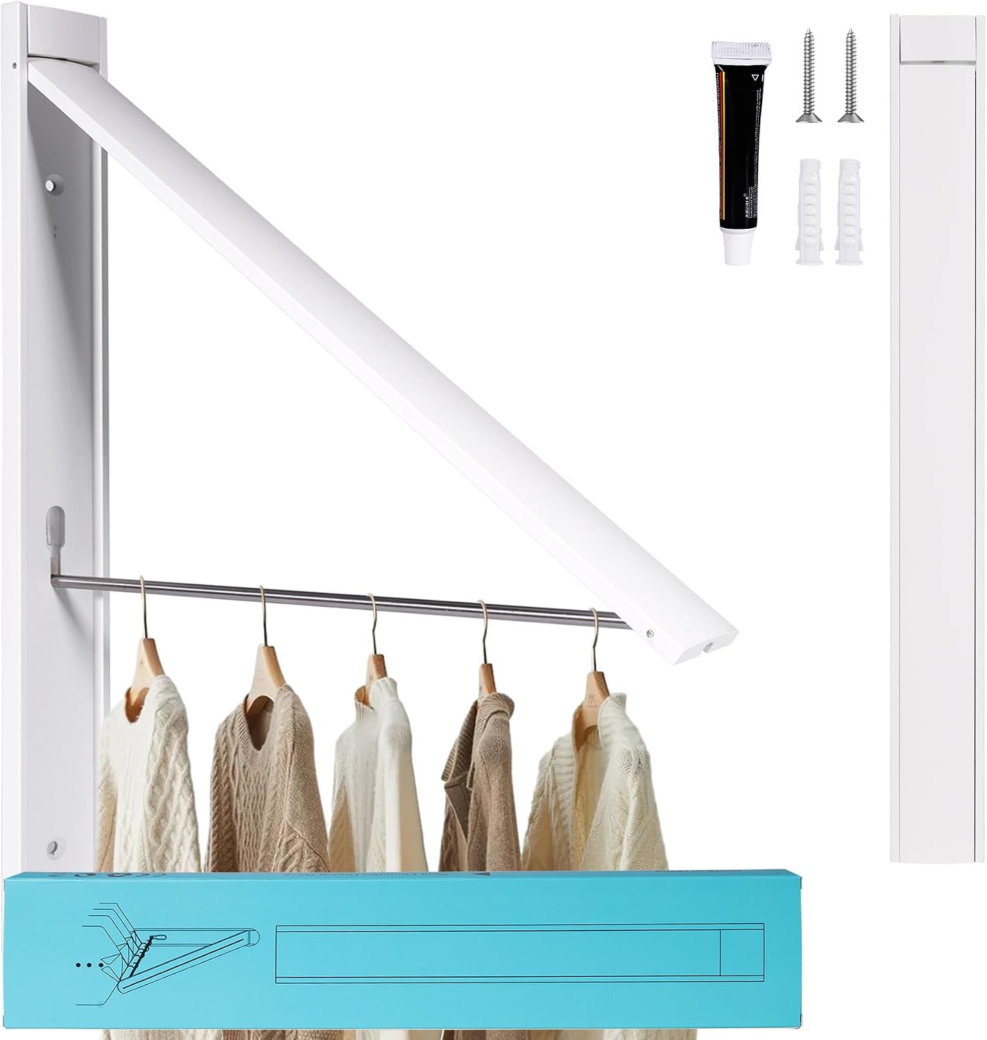 Aldernest Retractable Clothes Drying Rack, Space Saver Wall Mounted Folding Hanger for Laundry Room, 12.8 ounces, 0.4*1.57*14.37inches, White