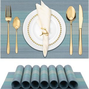 Aldernest Placemats, Set of 8 Heat Resistant Stain Resistant Woven Vinyl Insulation Placemats, 1.4 pounds, Christmas Blue