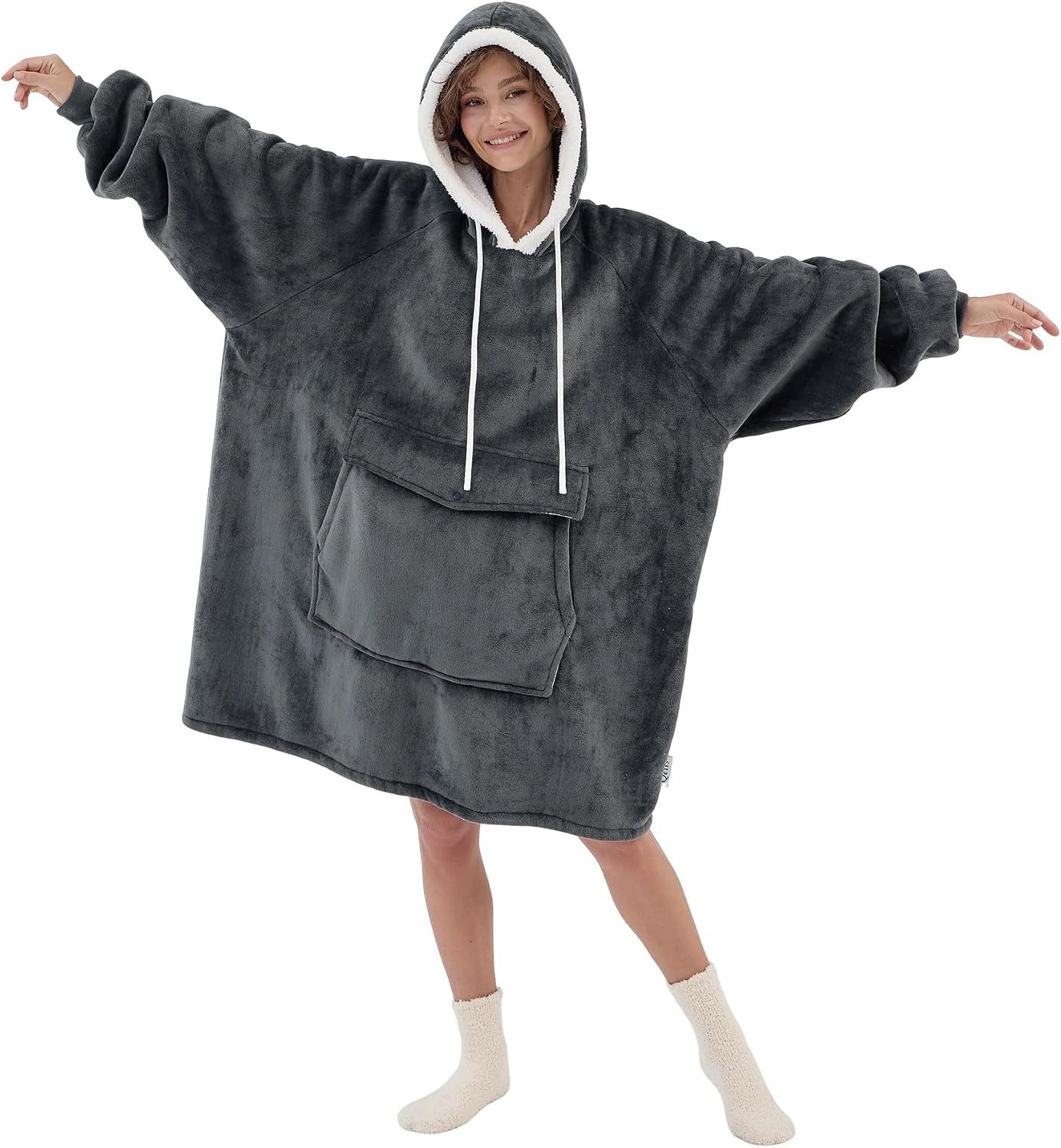 Ashenby Wearable Blanket Hoodie, Sherpa Fleece Cozy Pullover, Gifts for Women, Adult, Dark Grey