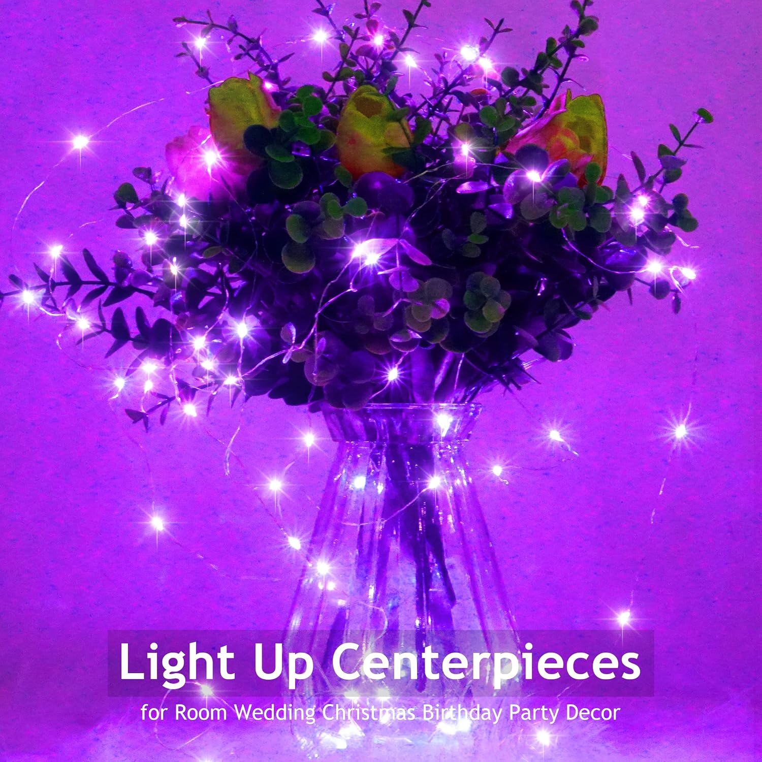 NestoraHome 15 Packs 20 Led Purple Fairy Lights Battery Operated 6.6ft Silver String Lights Waterproof Firefly Starry Light for DIY Table Centerpieces