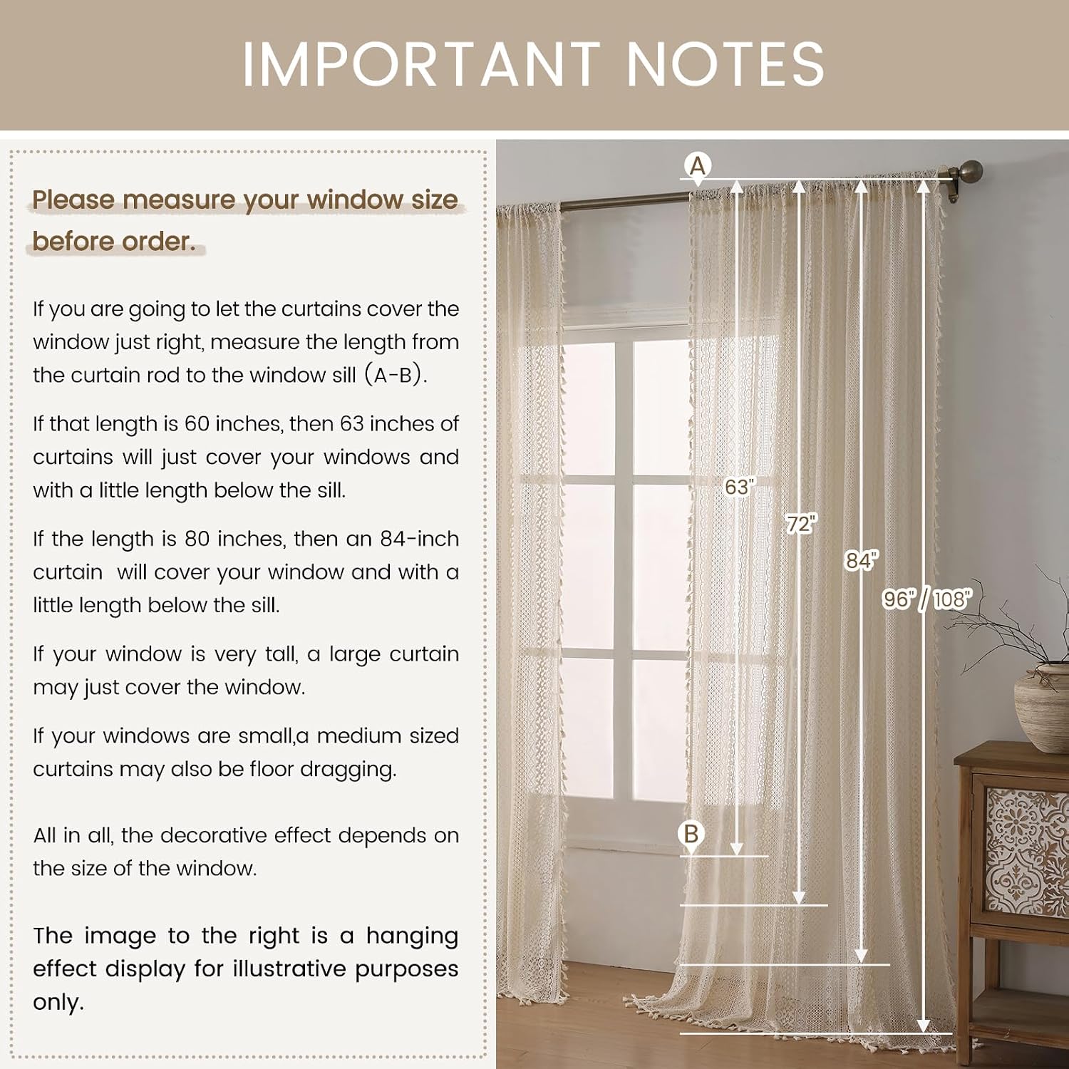 Aldernest Boho Crochet Curtains for Living Room Lace Curtains 84 Inches Long 2 Panel, 1.5 pounds, Beige