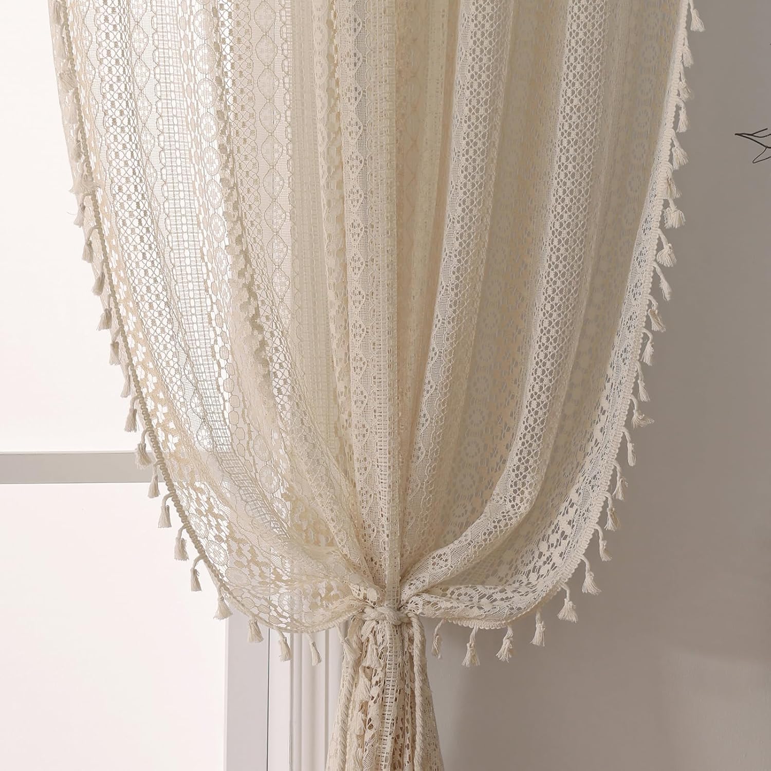 Aldernest Boho Crochet Curtains for Living Room Lace Curtains 84 Inches Long 2 Panel, 1.5 pounds, Beige