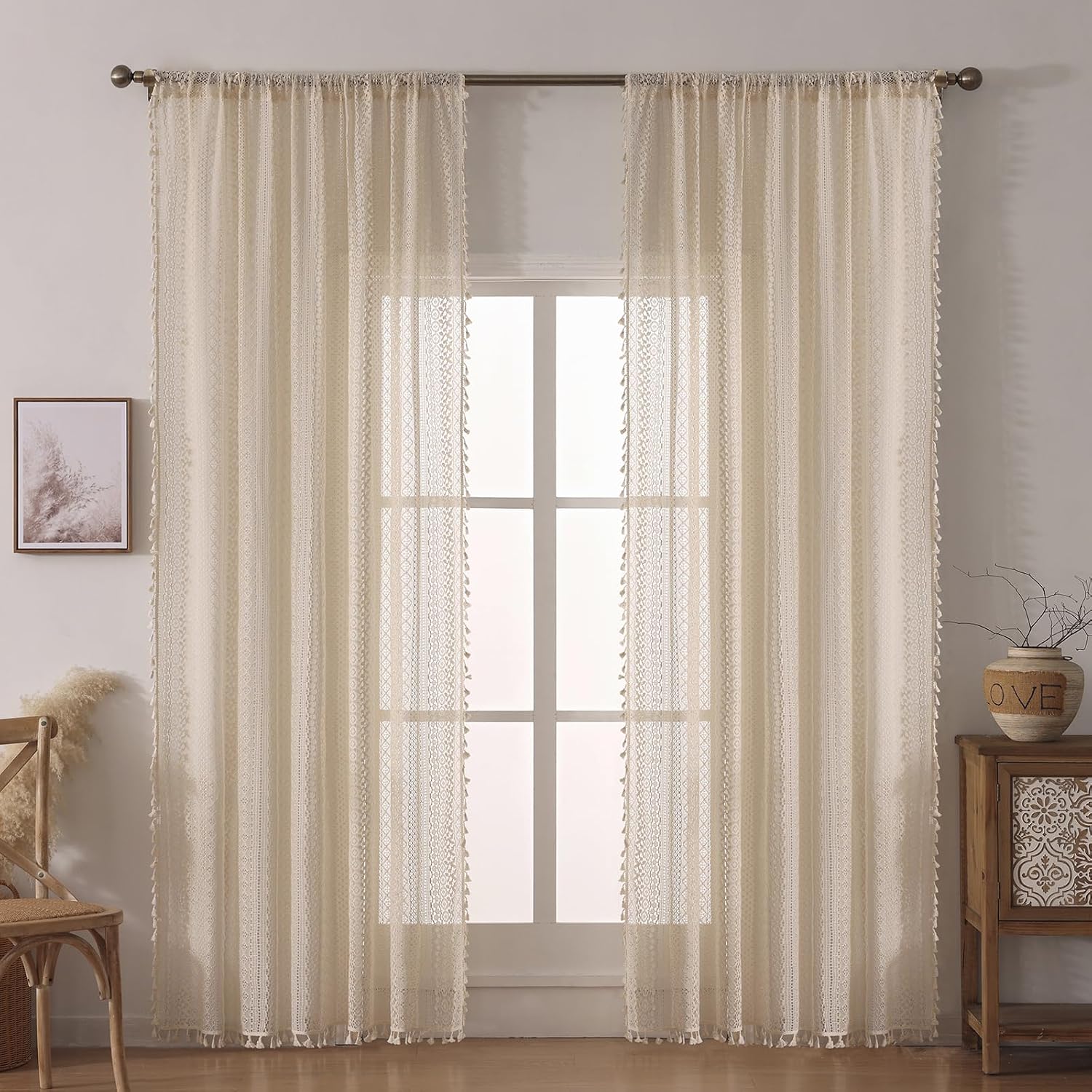 Aldernest Boho Crochet Curtains for Living Room Lace Curtains 84 Inches Long 2 Panel, 1.5 pounds, Beige