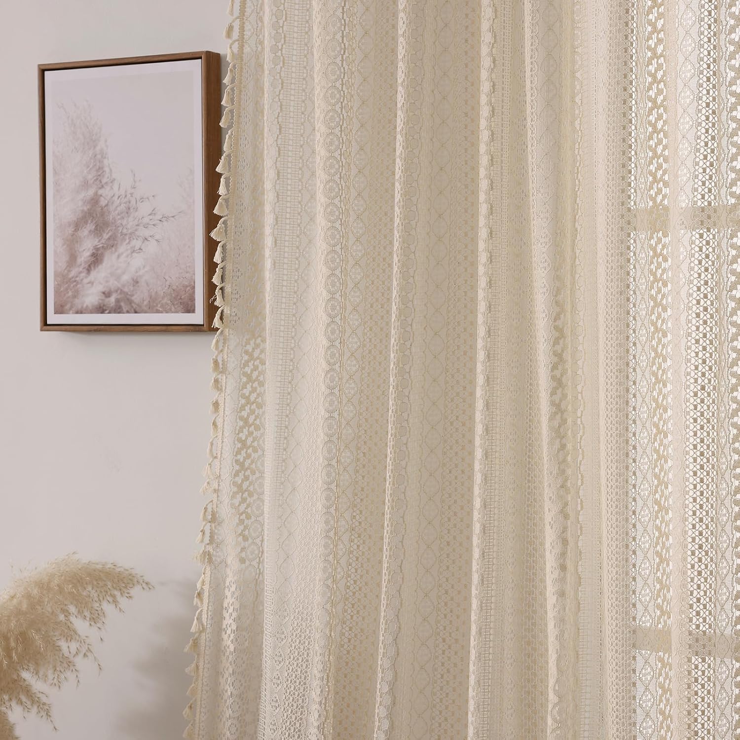 Aldernest Boho Crochet Curtains for Living Room Lace Curtains 84 Inches Long 2 Panel, 1.5 pounds, Beige