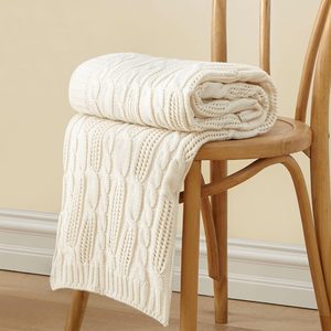 Barleyfield Cable Knit Throw Blankets 50 x 60 Inches, Cream White