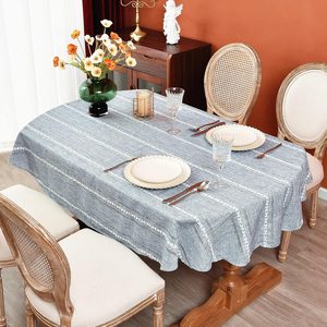 Aldernest Boho Oval Tablecloth 54 x 72 Inches, Farmhouse Striped Washable, 1.7 pounds, Grey