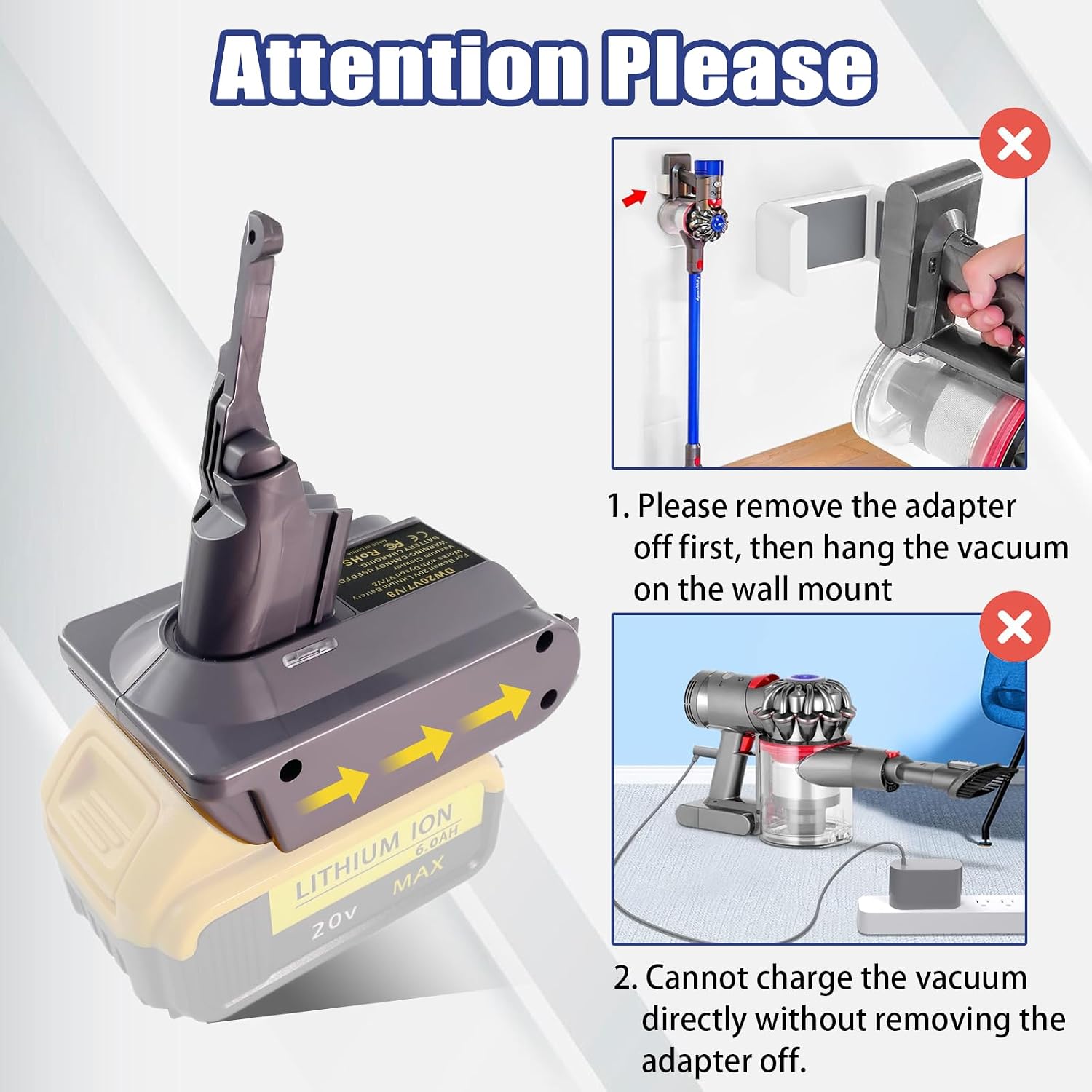VelloHome V8 Adapter for Dewalt 20V Lithium Battery Converter to Replace for Dyson V8 Battery