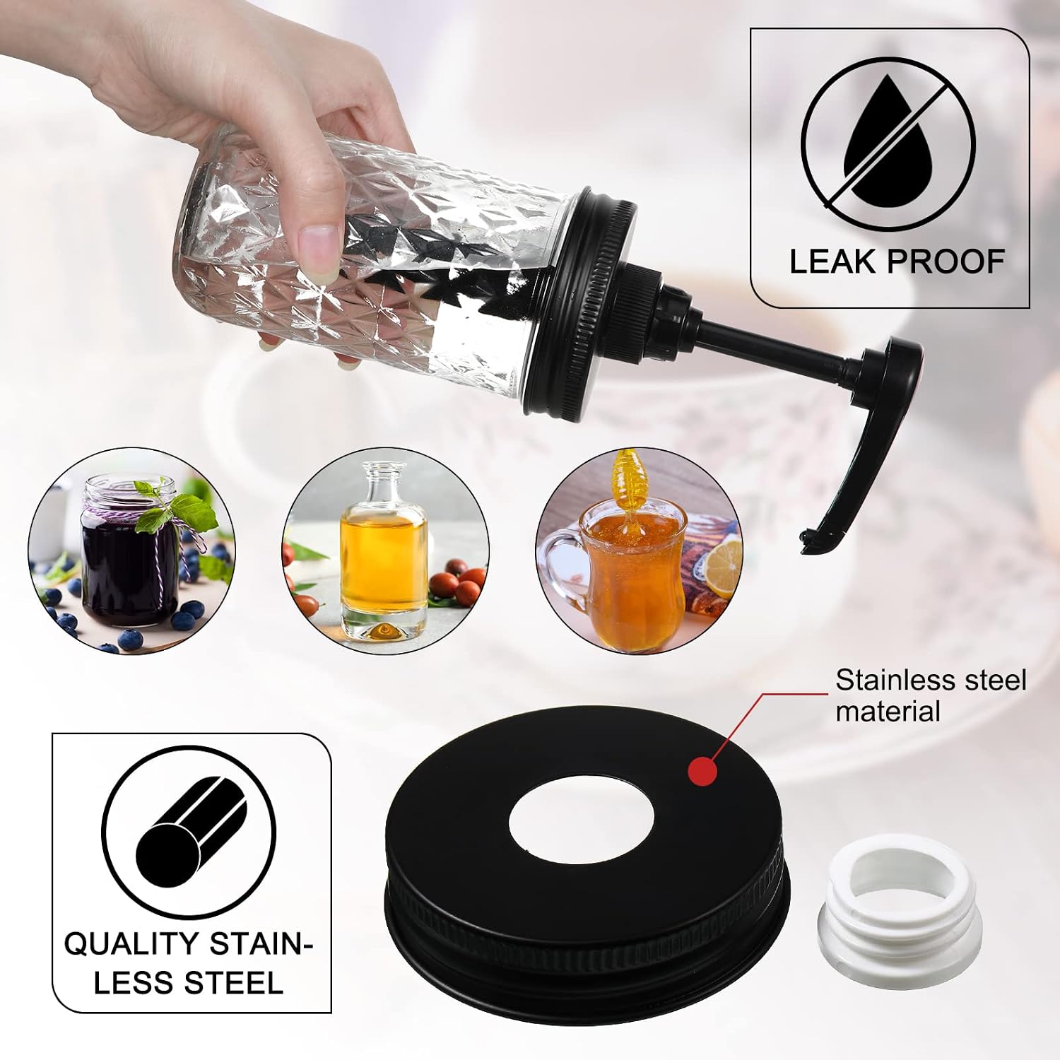 Aldernest 4 Pcs Mason Jar Syrup Dispenser Pump Lids for 16 oz Mouth Jars, White