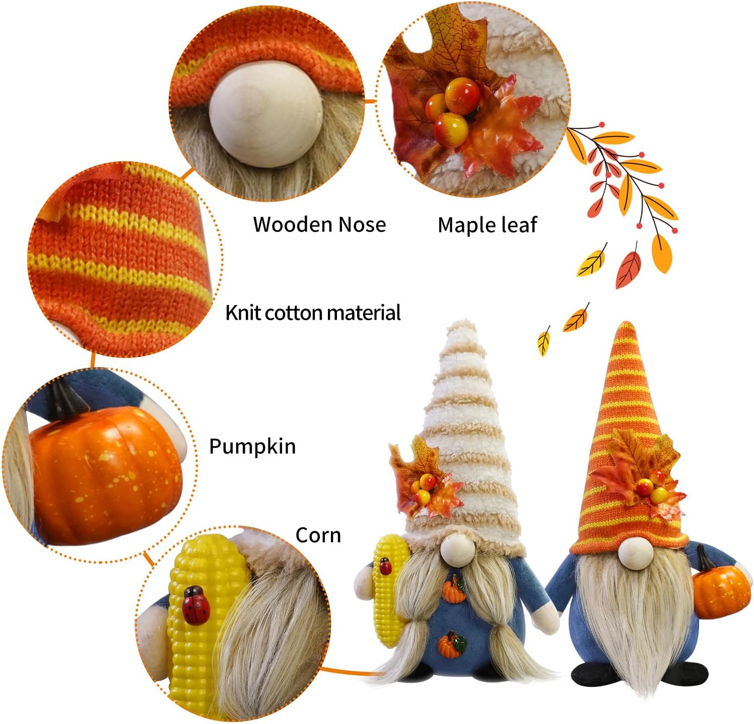 Birchmont 2Pcs Thanksgiving Decorations, Thanksgiving Gnomes Decor, Fall Harvest Gnomes, 8.8 ounces, Maple Leaf Gnomes