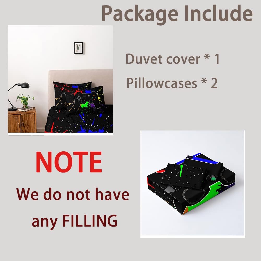 Aldernest Game Bedding Set for Boys Kids Gamepad Duvet Cover with 2 Pillowcases Gamer Bedroom Decor Black Bed Set 3pcs,Twin Size