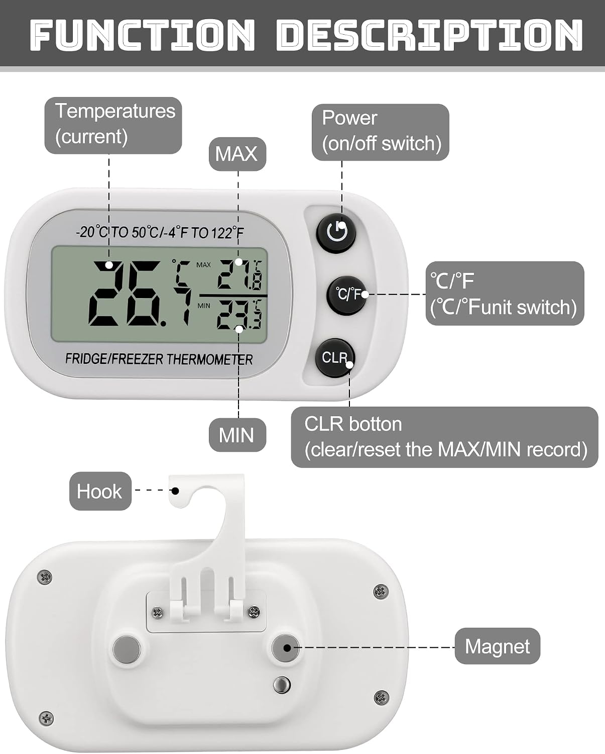 Ashenby 4 Pcs White Fridge Thermometer Refrigerator, Button, 7.52 ounces, 12 Count