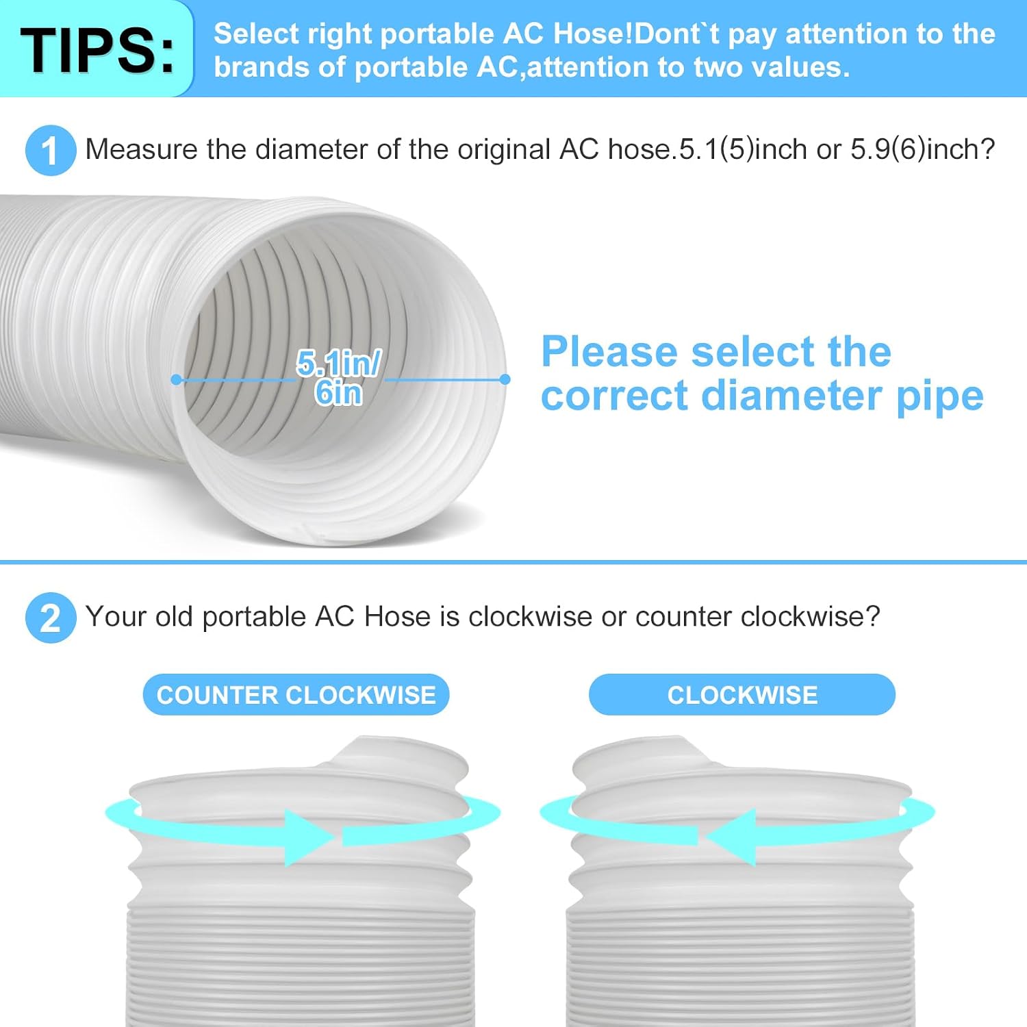 Aldernest 5 Inch Portable AC Air Conditioner Hose Anti-Clockwise Thread & Length up to 80" Support Counter-Clockwise Thread