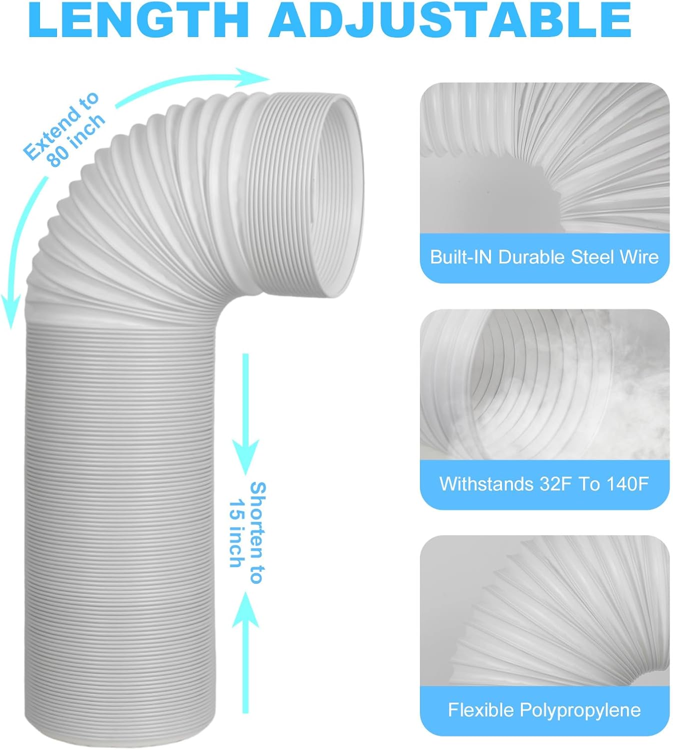 Aldernest 5 Inch Portable AC Air Conditioner Hose Anti-Clockwise Thread & Length up to 80" Support Counter-Clockwise Thread