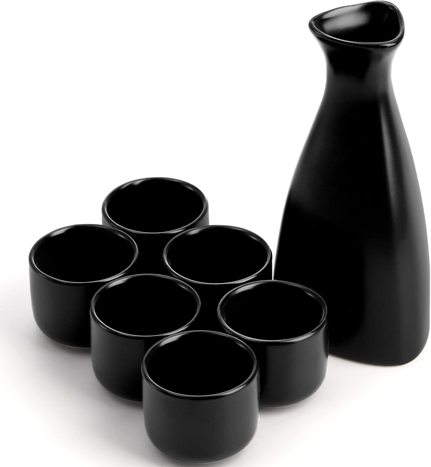 Barleyfield Small Ceramic Japanese Sake Set, 1 Serving Carafe and 6 Cups, Black, 480 g, 7 Count