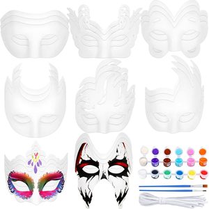 Aldernest 24 Pieces White Paper Masks Half Face Masquerade Masks DIY Hand Painted Mask with Tether Paints Brushes Mardi Gras Mask for Halloween