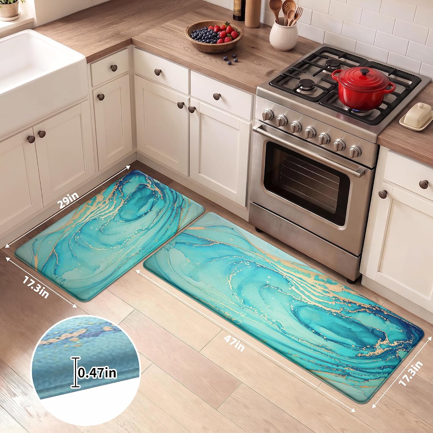 Aldernest Anti Fatigue Kitchen Mat for Floor Set of 2, 17.3"x 29"+ 17.3"x 47", Teal
