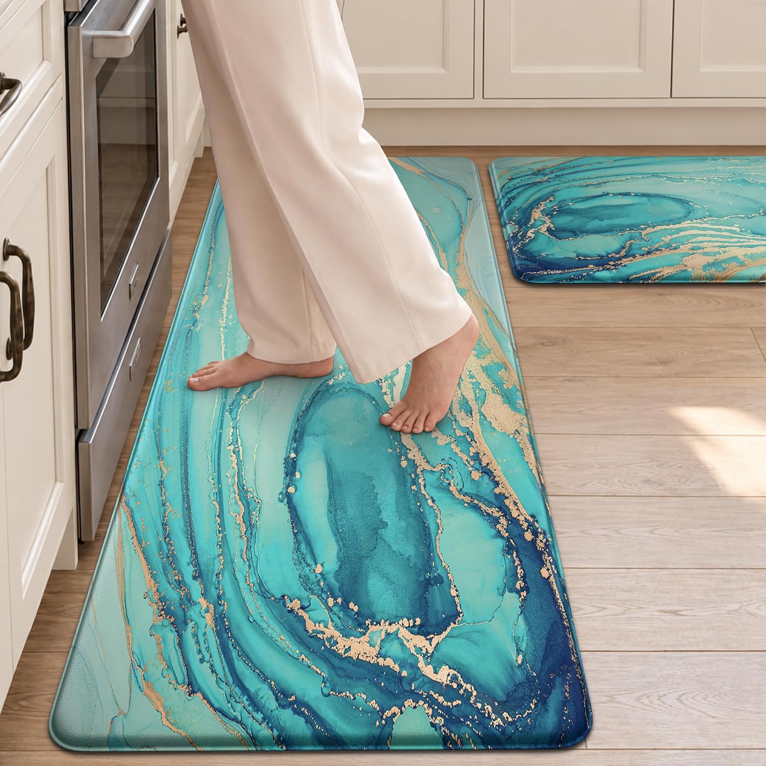 Aldernest Anti Fatigue Kitchen Mat for Floor Set of 2, 17.3"x 29"+ 17.3"x 47", Teal