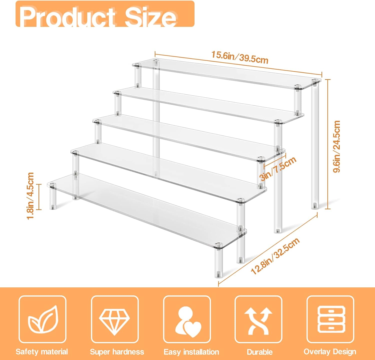 Aldernest 2Pcs Acrylic Risers Display Stand 5 Tier Clear Display Shelf, 1.47 kg