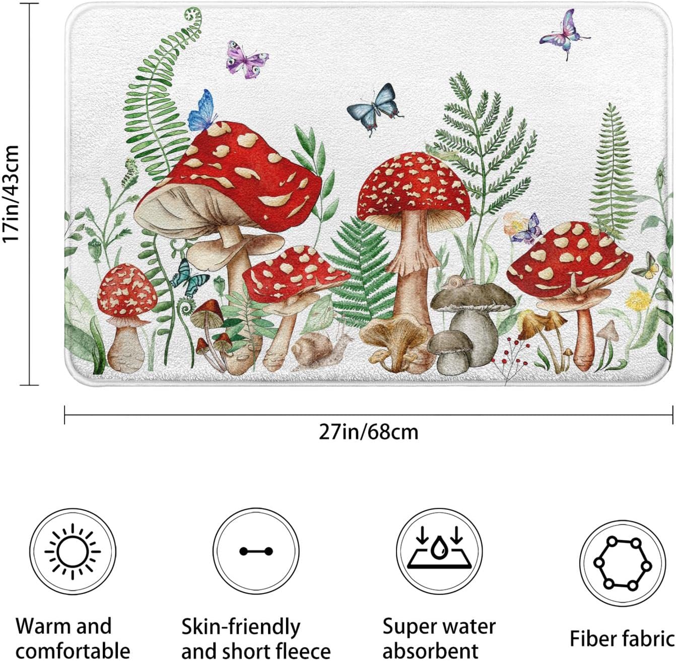 Aldernest Mushroom Imitation Cashmere Bathroom Mat Rug - Rubber Non-Slip Absorbent Soft Bathroom Rug for Tub Shower Sink, 17" W x 27" L