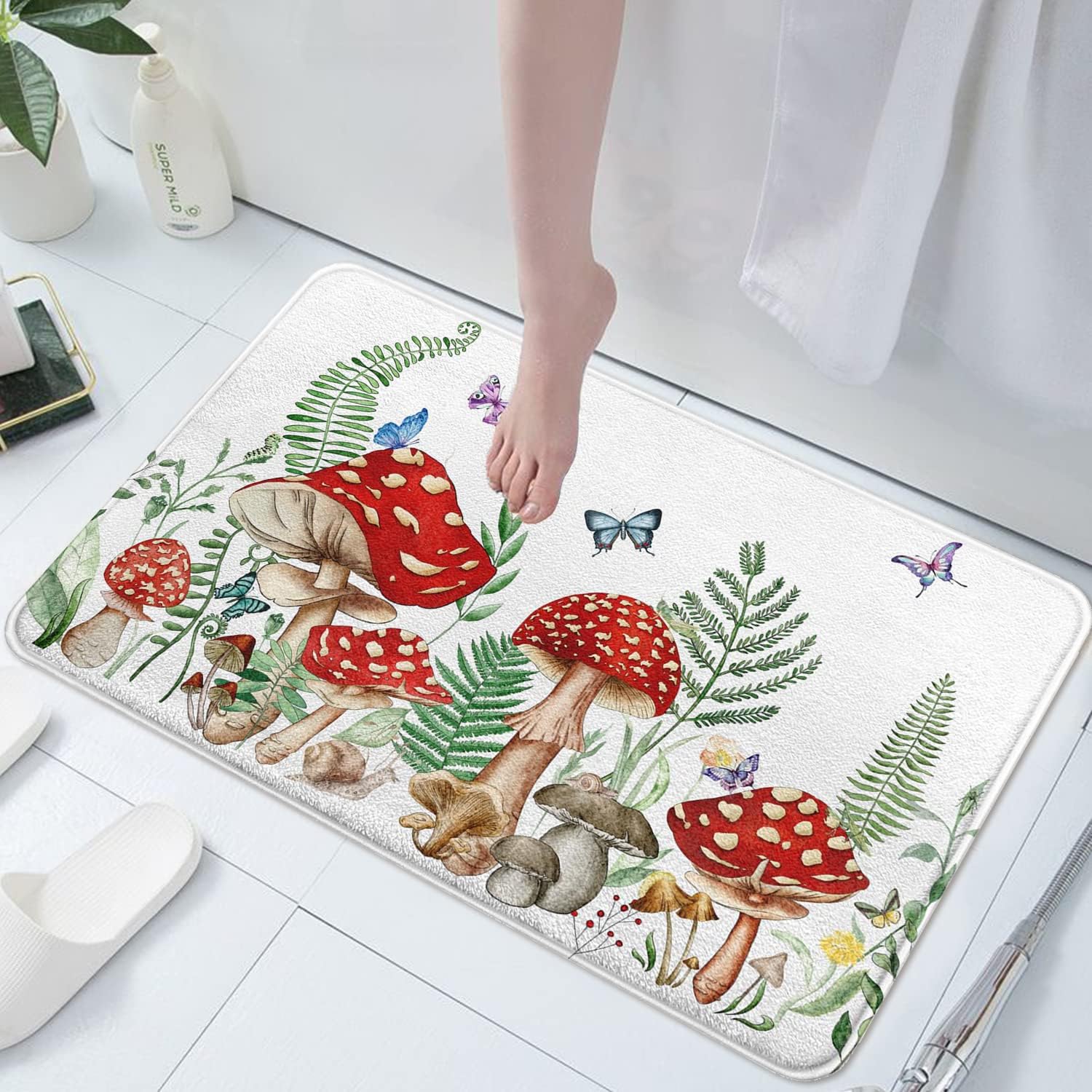 Aldernest Mushroom Imitation Cashmere Bathroom Mat Rug - Rubber Non-Slip Absorbent Soft Bathroom Rug for Tub Shower Sink, 17" W x 27" L