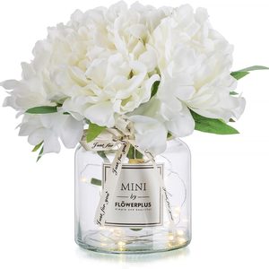 Ashenby Fake Flowers in Vase for Table, 8.2 Inch, Lighted, White Hydrangea, 12.96 ounces