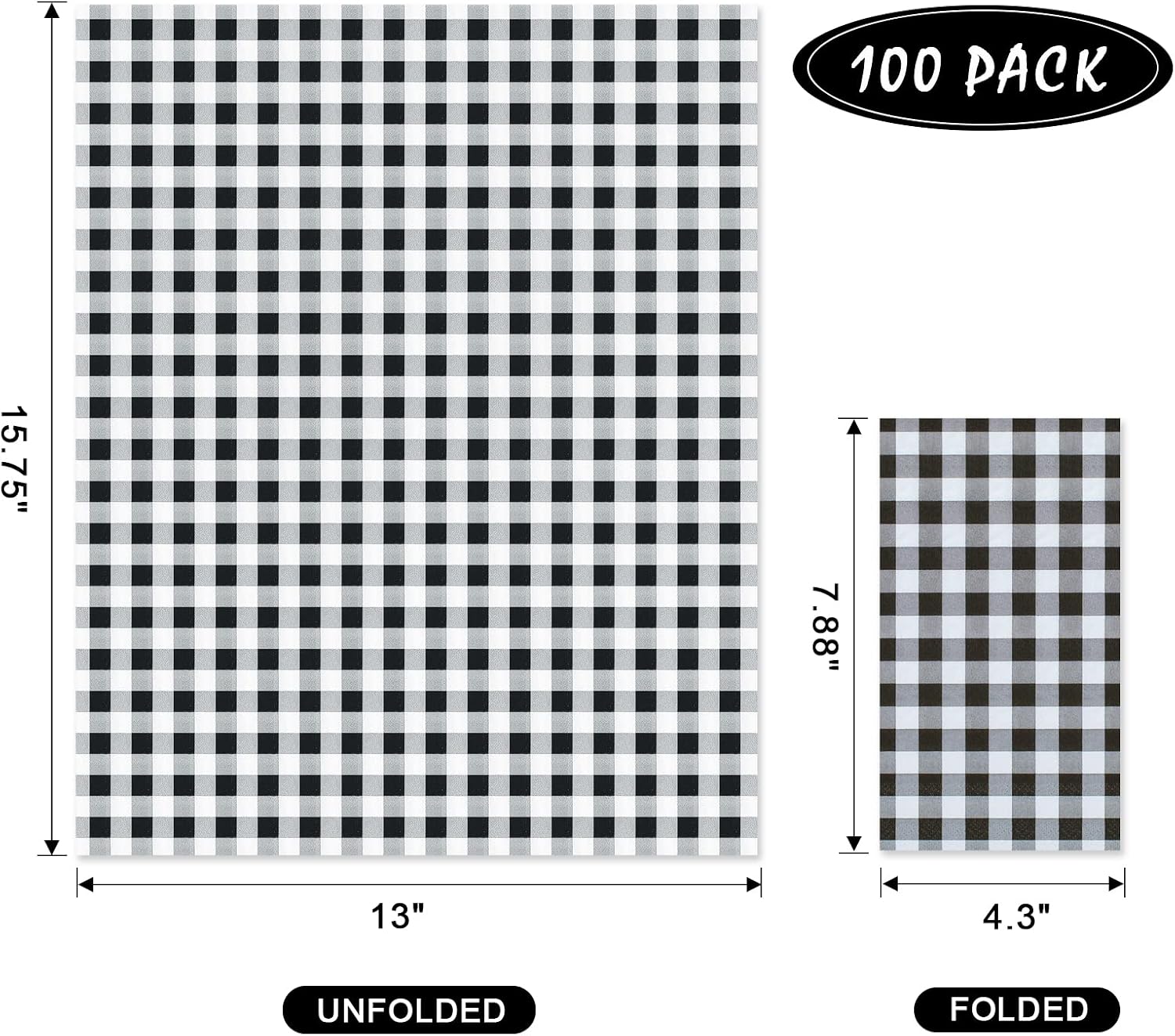 Aldernest 100 Pack Black and White Gingham Napkins, 3-Ply Disposable Paper Napkins, Large