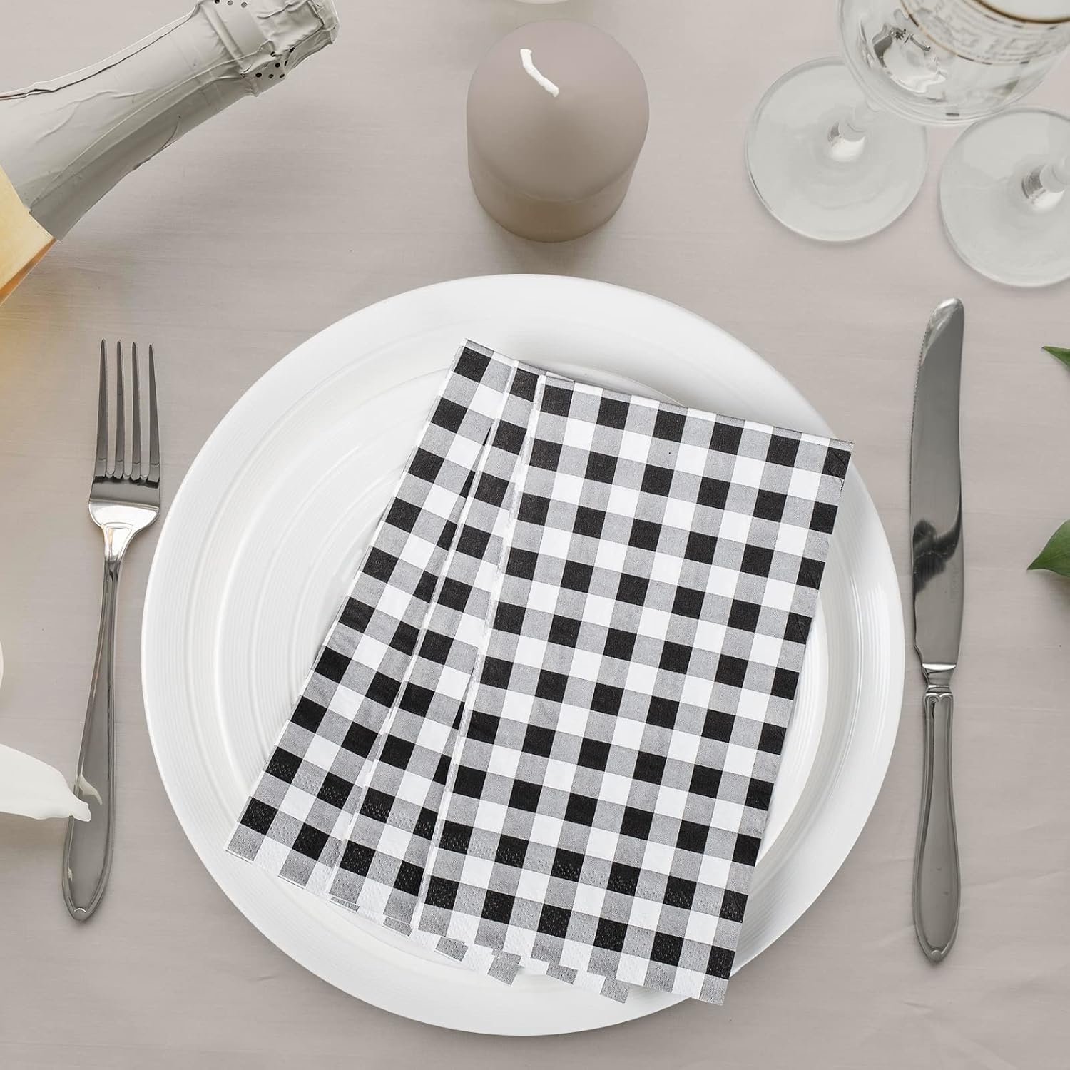 Aldernest 100 Pack Black and White Gingham Napkins, 3-Ply Disposable Paper Napkins, Large
