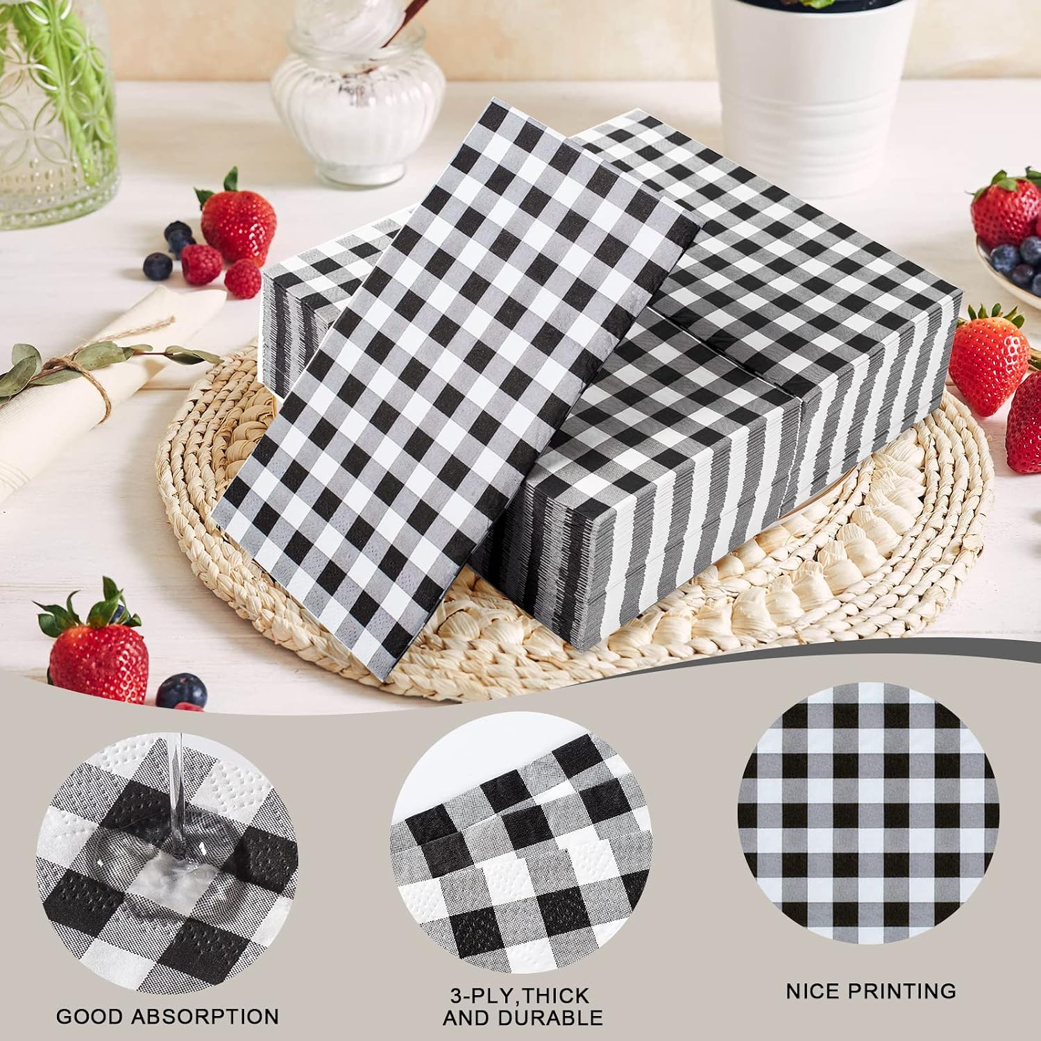 Aldernest 100 Pack Black and White Gingham Napkins, 3-Ply Disposable Paper Napkins, Large