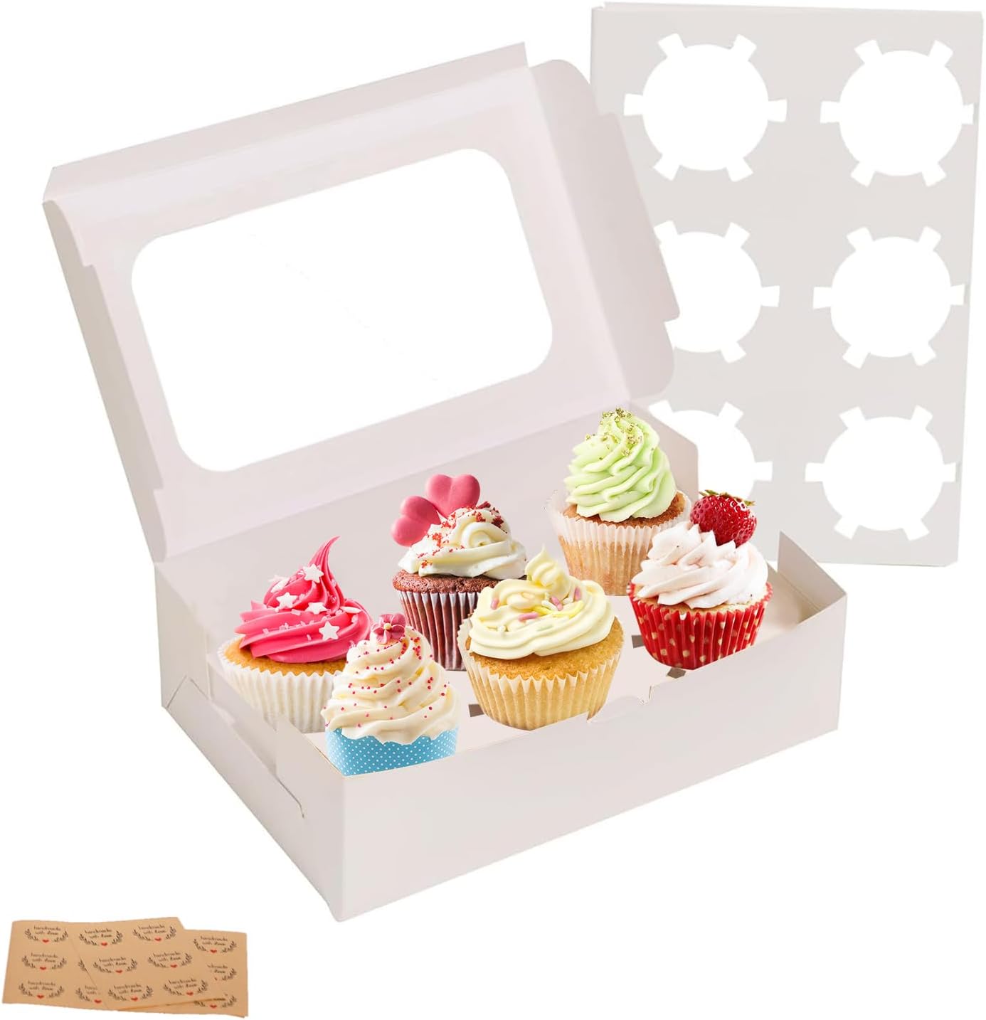 Aldernest 50 Packs Cupcake Boxes, 9.4x6.1x3.14 Inches 6 Count Cupcake Box