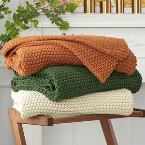 Barleyfield Chunky Cable Knit Throw Blanket Lightweight Beige 100% Organic Cotton Blanket for Sofa Couch Bed Baby Nursery