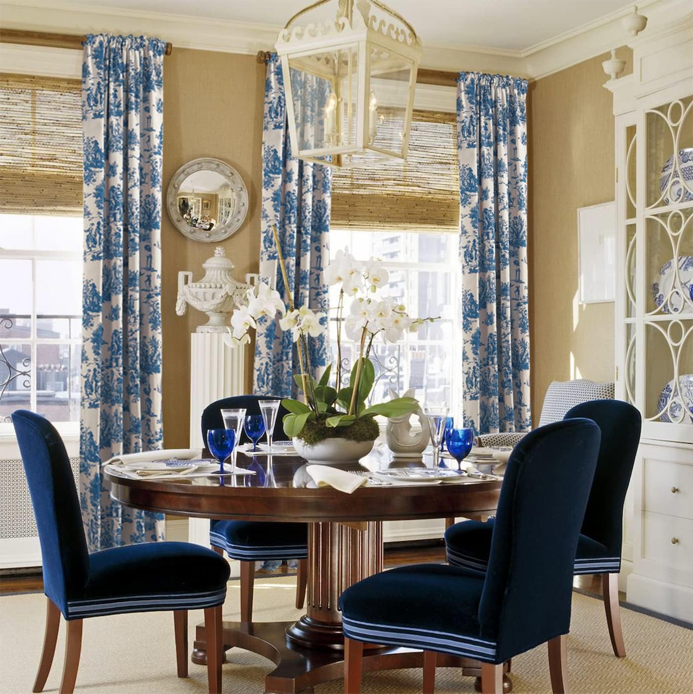 Aldernest Blue Toile Window Curtains Drapes for Living Room 84 Inch Length 2 Panels Set Long Sheer Cotton Textured French Country Floral Vintage