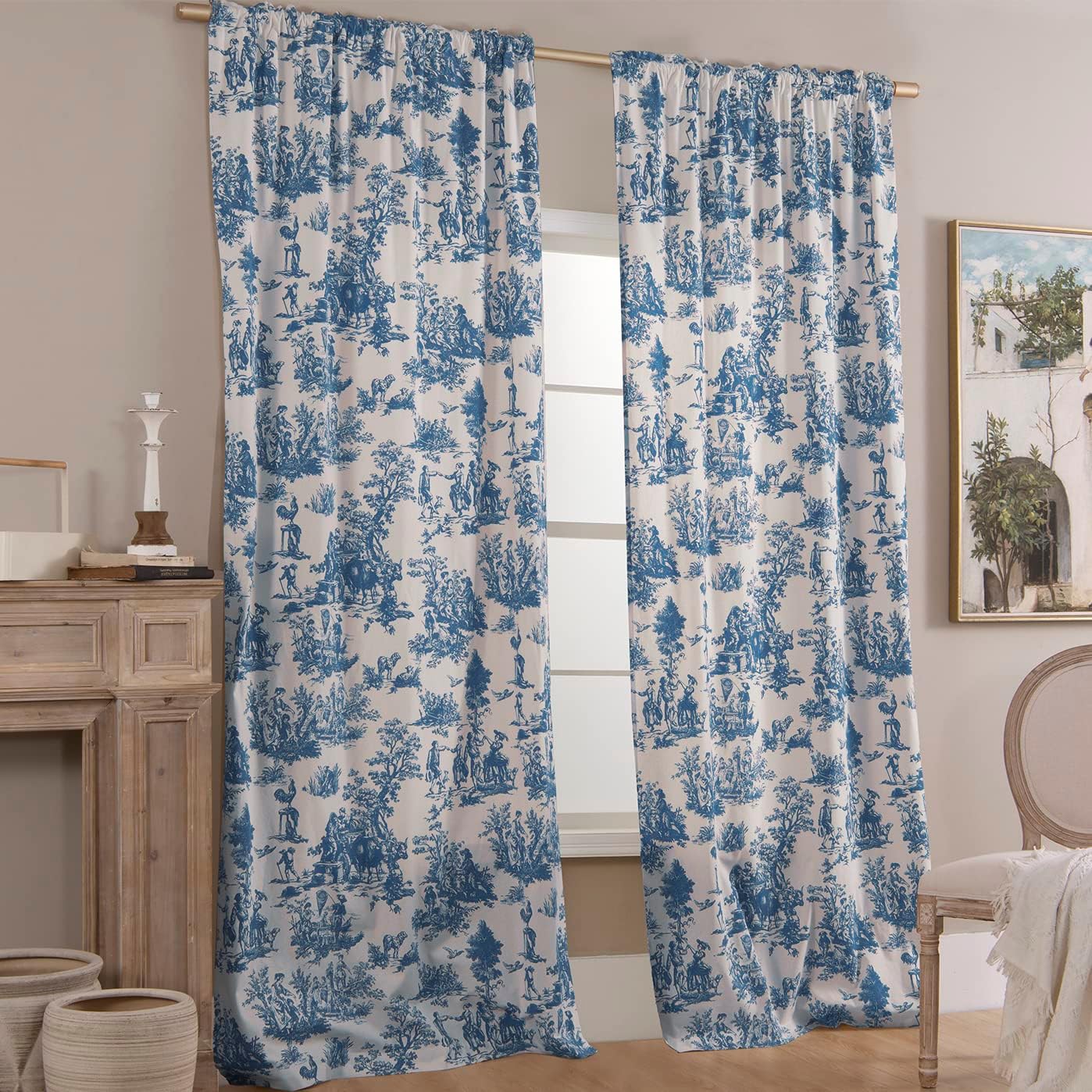 Aldernest Blue Toile Window Curtains Drapes for Living Room 84 Inch Length 2 Panels Set Long Sheer Cotton Textured French Country Floral Vintage