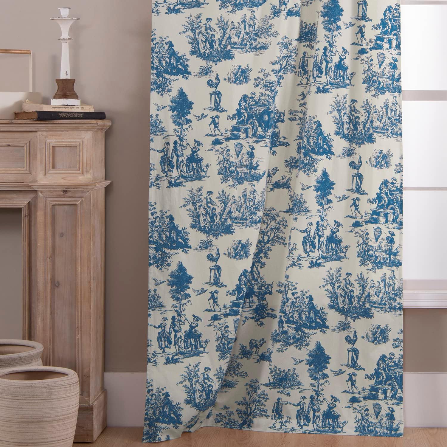 Aldernest Blue Toile Window Curtains Drapes for Living Room 84 Inch Length 2 Panels Set Long Sheer Cotton Textured French Country Floral Vintage