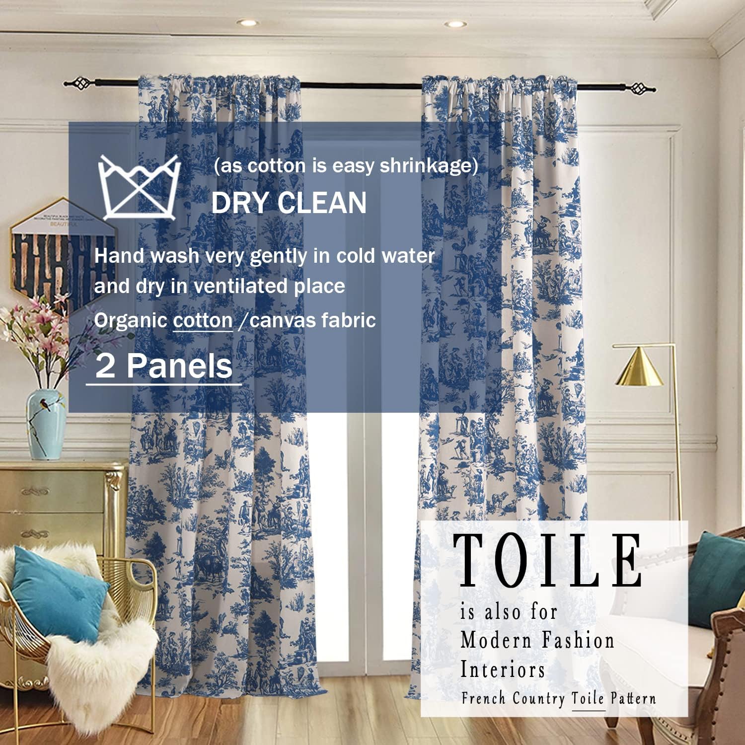 Aldernest Blue Toile Window Curtains Drapes for Living Room 84 Inch Length 2 Panels Set Long Sheer Cotton Textured French Country Floral Vintage