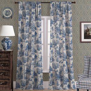 Aldernest Blue Toile Window Curtains Drapes for Living Room 84 Inch Length 2 Panels Set Long Sheer Cotton Textured French Country Floral Vintage