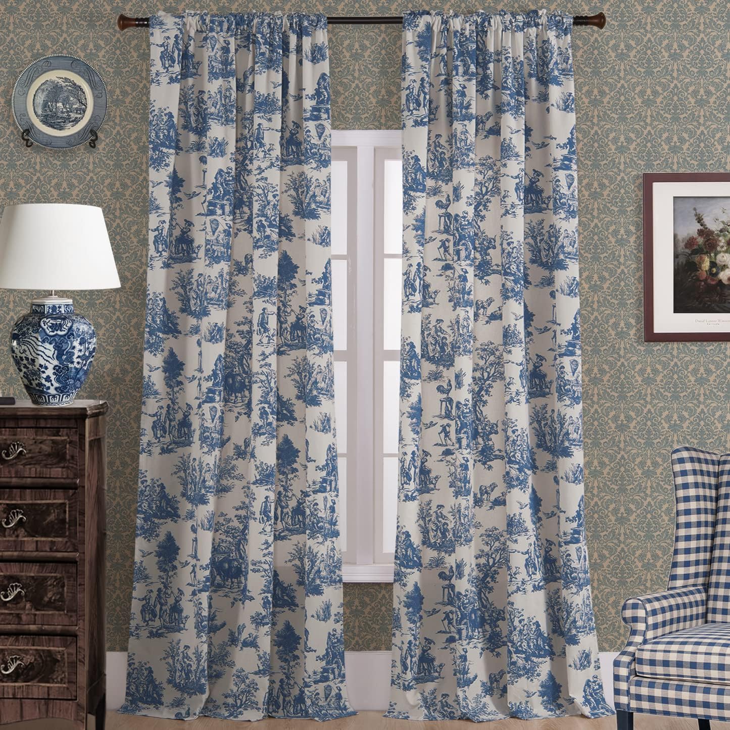 Aldernest Blue Toile Window Curtains Drapes for Living Room 84 Inch Length 2 Panels Set Long Sheer Cotton Textured French Country Floral Vintage