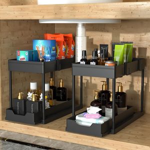 Aldernest Under Sink Organizer, 2‑Tier Pull‑Out Cabinet Storage for Bathroom Kitchen, 4 pounds, Black