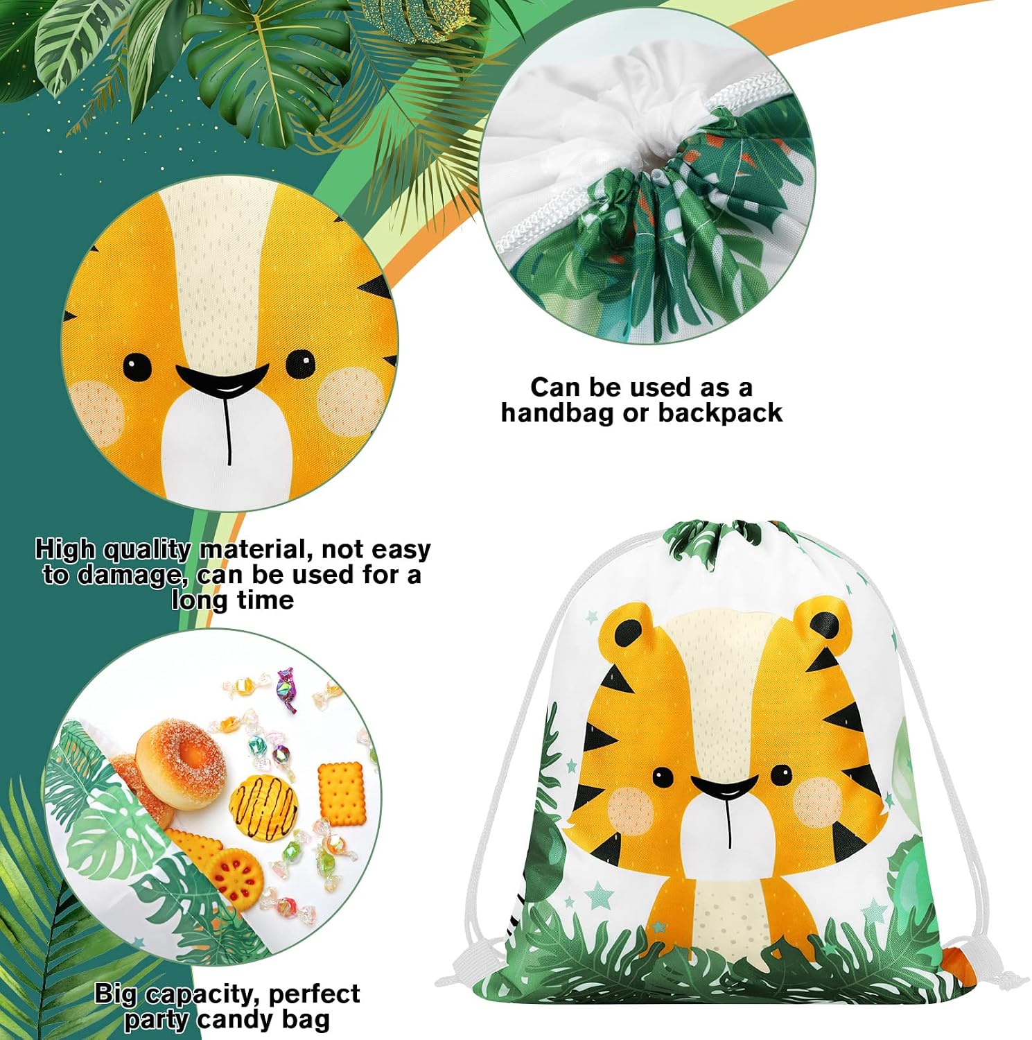 Aldernest 18 Pack Safari Goodie Drawstring Bags, Kids Jungle Party Favors, 1.1 pounds, green