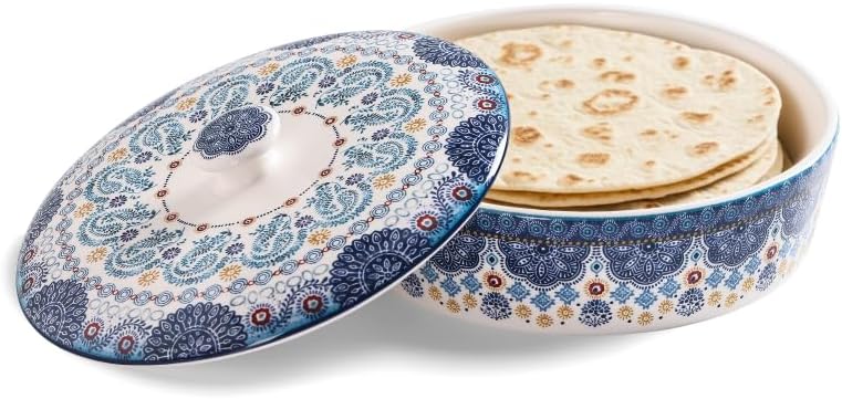 Aldernest Ceramic Tortilla Warmer with Lid, 8.9 Inch, Blue Talavera, 10.43 x 10.39 x 5.2 inches