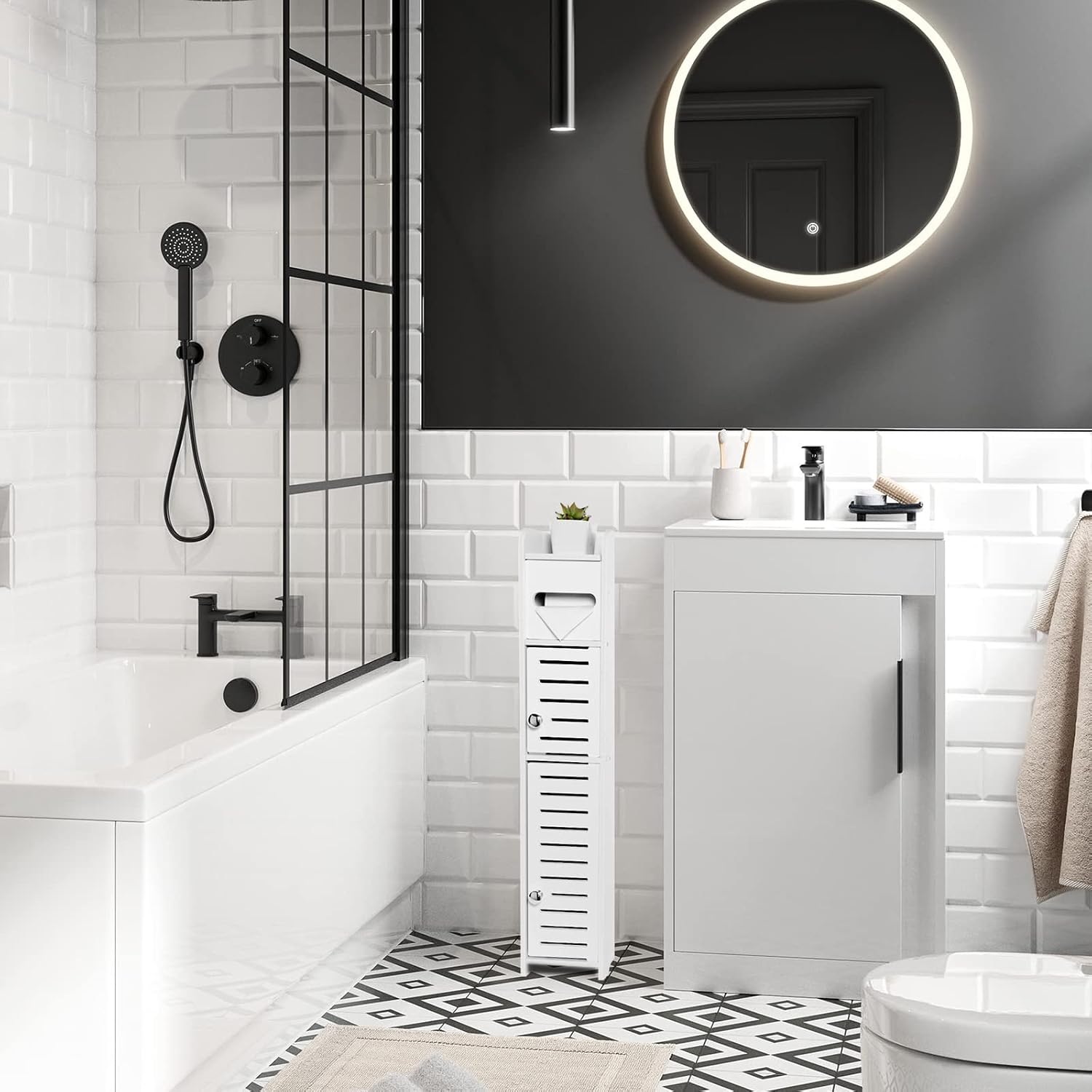 Aldernest Storage Cabinet for Small Spaces, Over The Toilet Cabinet for Skinny Bathroom Storage Corner Floor, 4.3 pounds, White