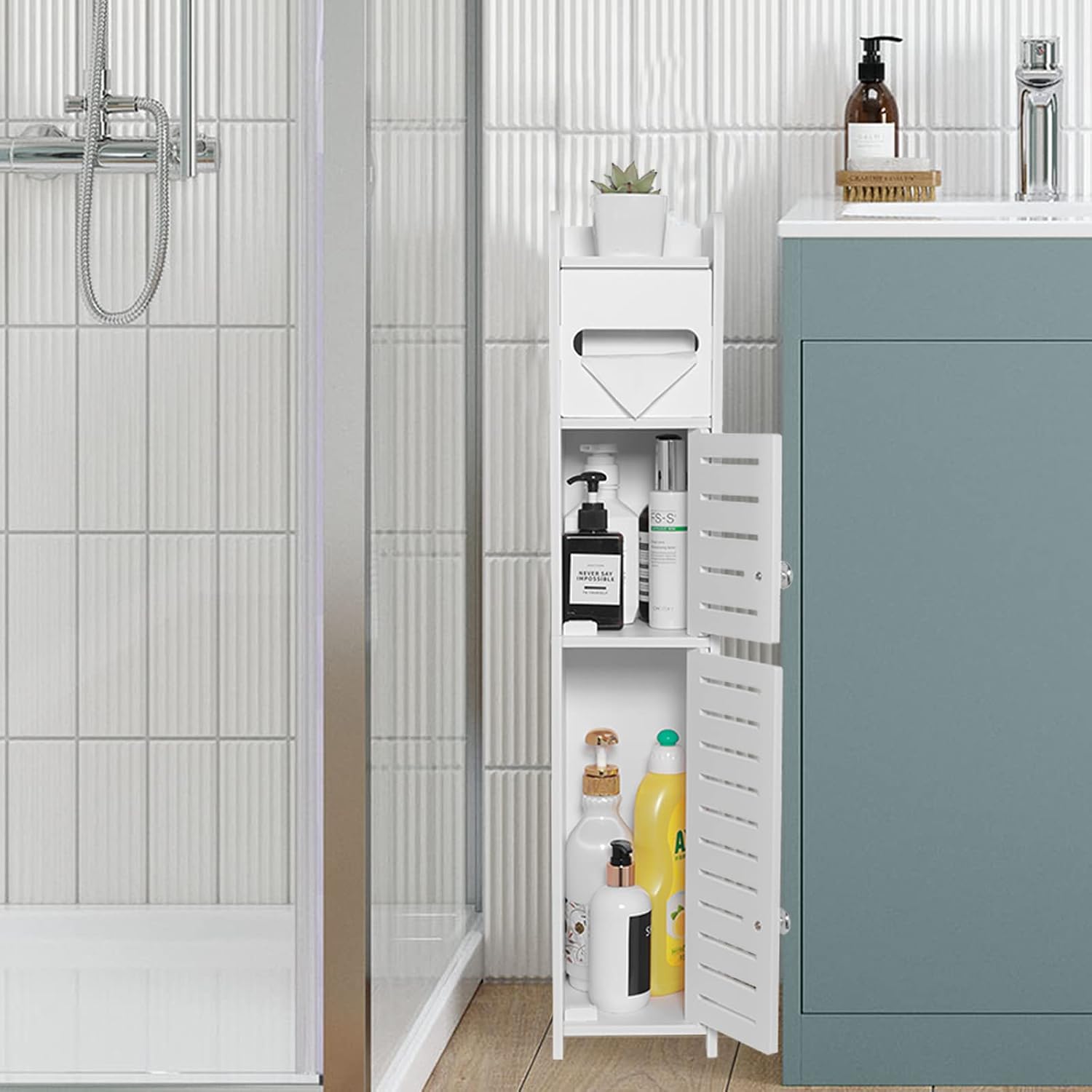Aldernest Storage Cabinet for Small Spaces, Over The Toilet Cabinet for Skinny Bathroom Storage Corner Floor, 4.3 pounds, White