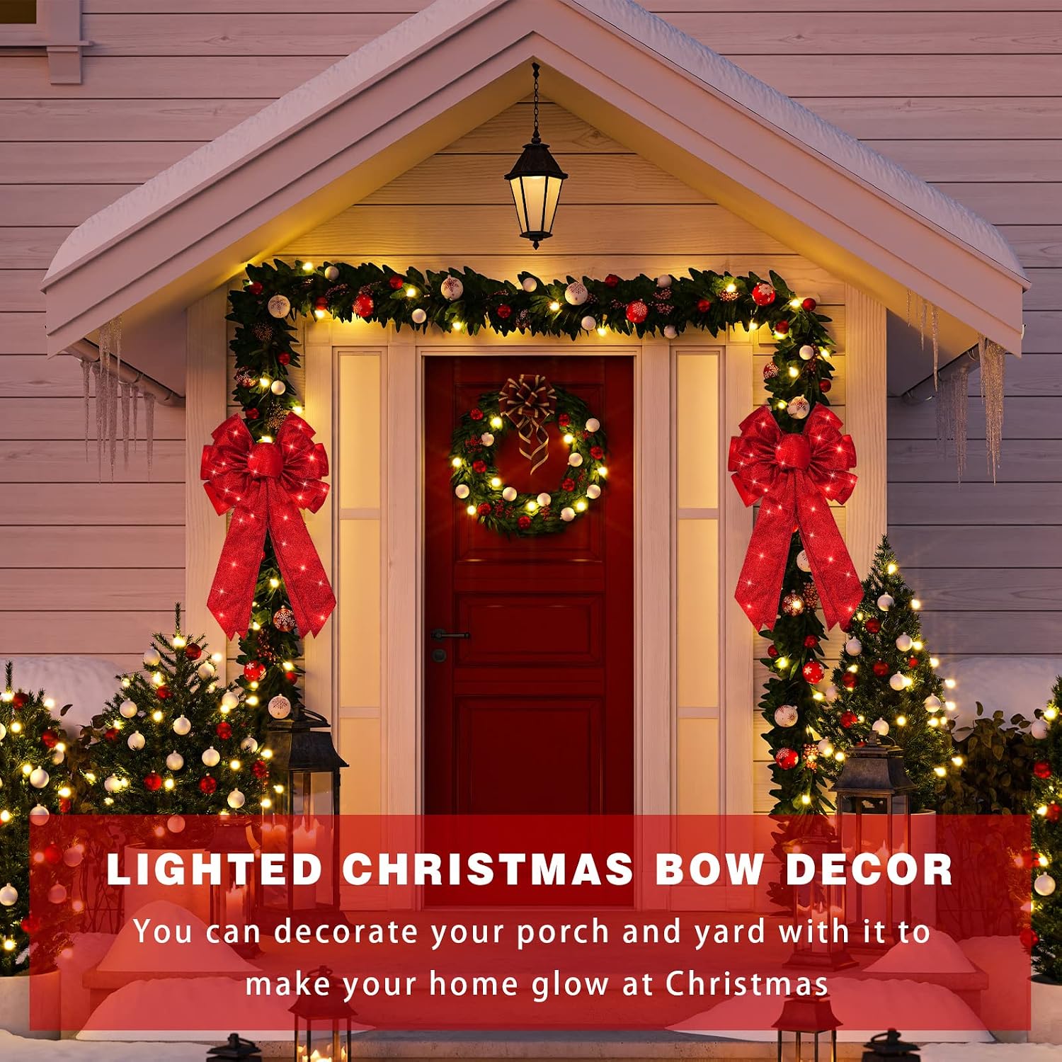 Ashenby 2 Pcs 18x10 in Large Lighted Christmas Bows Decorations with Lights, 6.72 ounces, Shine Style, Red