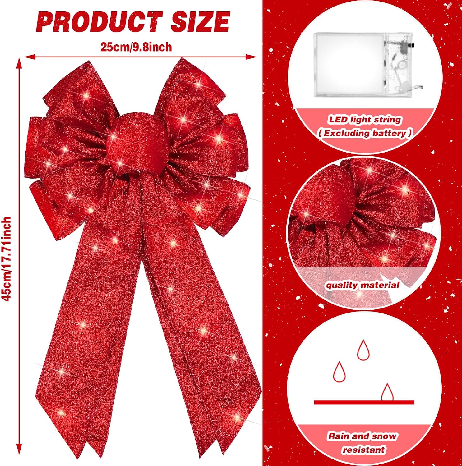 Ashenby 2 Pcs 18x10 in Large Lighted Christmas Bows Decorations with Lights, 6.72 ounces, Shine Style, Red
