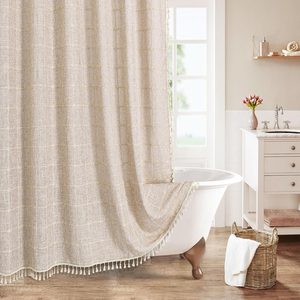 Aldernest Boho Farmhouse Classic Plaid Linen Tassel Shower Curtain Tan Brown, 72x72, 11.52 ounces