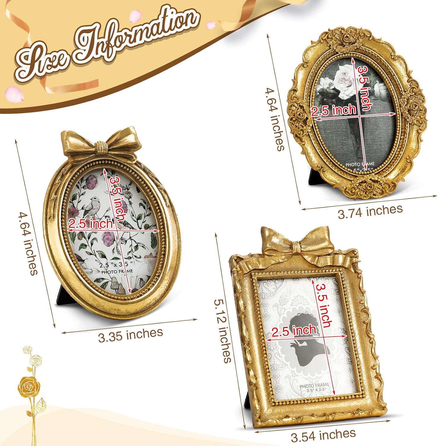Aldernest 3 Pcs Tiny Vintage Ornate Picture Frames 2.5 x 3.5 Inch Gold